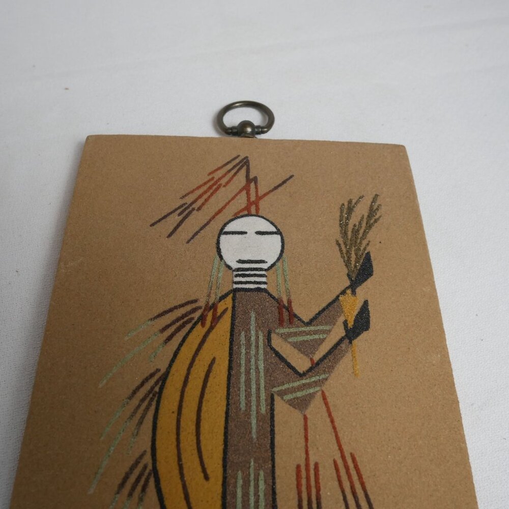 Vintage Navajo "Hunchback Medicine Man" Sand Art w/ Tribal Figure Design 12"x6" - Picture 9 of 10